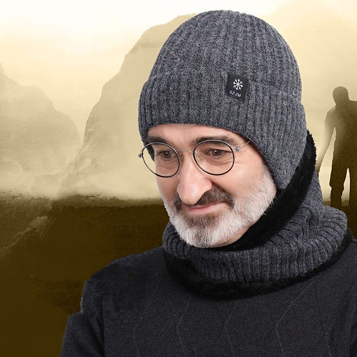 1pc Thick Velvet Lined Warm Knit Beanie  Ear Flaps Winter Hat for Men Cold Weather Protection