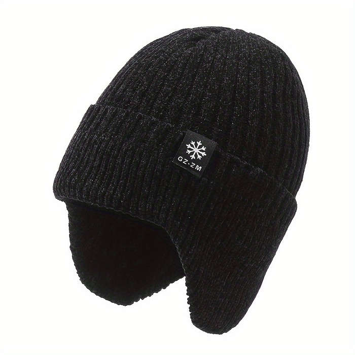 1pc Thick Velvet Lined Warm Knit Beanie  Ear Flaps Winter Hat for Men Cold Weather Protection