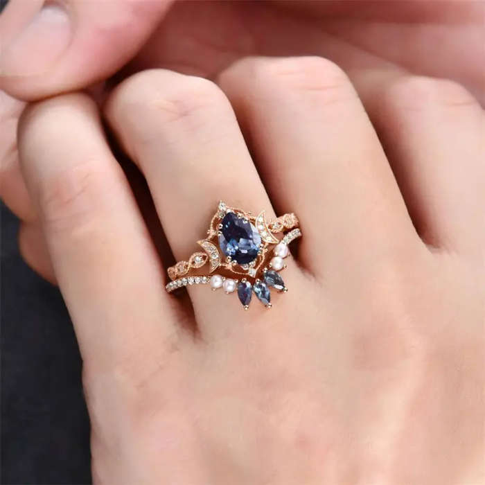 Blue Rose & Double Moon Ring