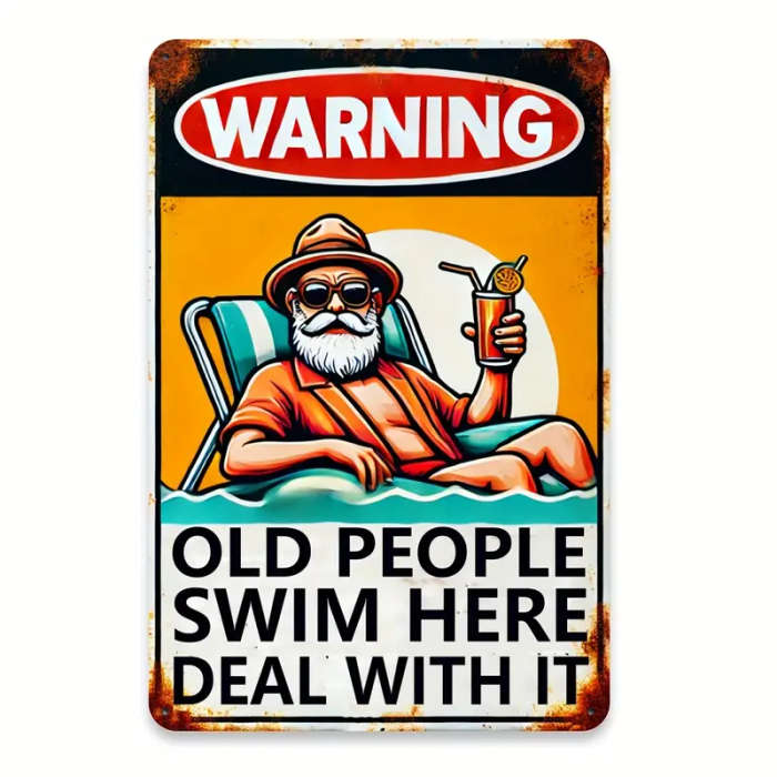 1pc Vintage Old People Swim Here Metal Sign Rustic Iron Wall Decor for Pool Garden Garage for Man Ca