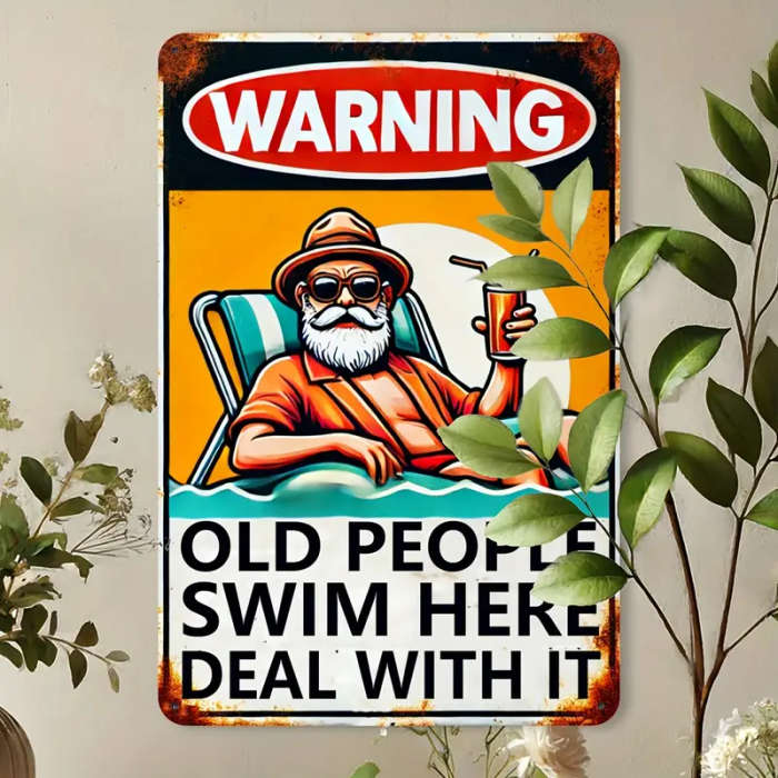 1pc Vintage Old People Swim Here Metal Sign Rustic Iron Wall Decor for Pool Garden Garage for Man Ca