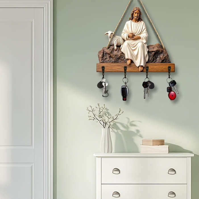 2D Flat 1pc Jesus and Lamb Simple Colorful Wooden Key Holder with Four Metal Hooks(2 x 9.84) 2D