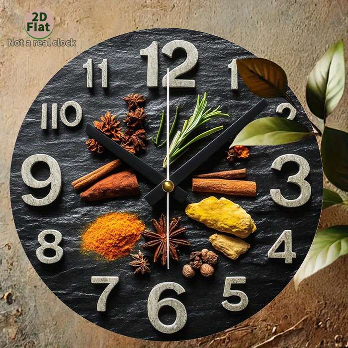 1pc 2D Flat Non-Real Clock Modern Spice-Themed Wall Clock with Black Glossy Stone Design Aluminum