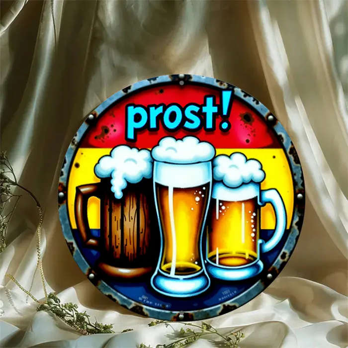 1pc Festive Beer Mug Metal Sign 20.32x20.32cm Round Aluminum Wall Art with Prost Greeting Ideal for