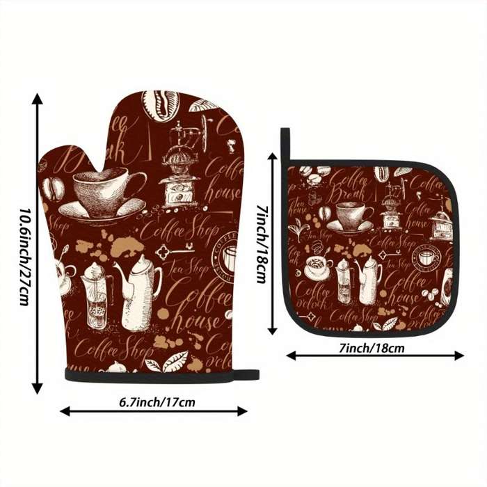 2pcs Vintage Coffee-Themed Heat-Resistant Oven Mitts Pot Holders 26.92x17.02 cm Brown with