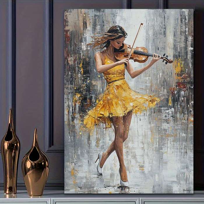 1pc  Dynamic Violin Playing Lady Canvas Art Energetic Performance in Yellow Dress a Beaut