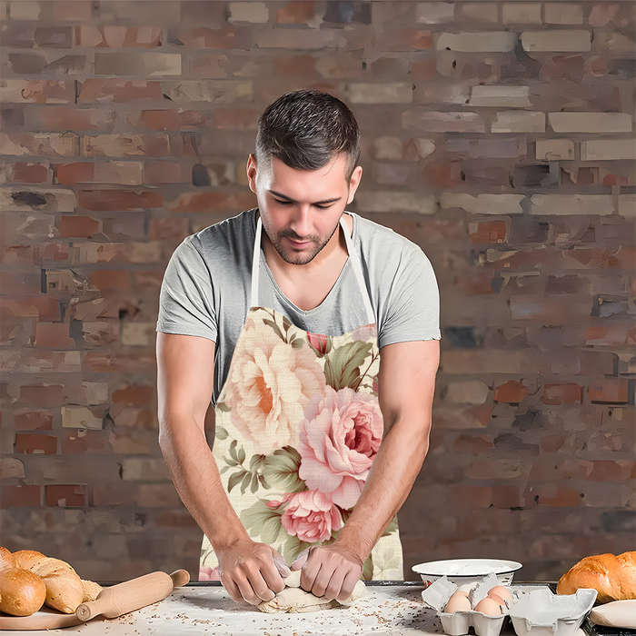 1pc Elegant Floral Linen Apron Peony Blossom Print Lightweight Durable for Cooking Baki