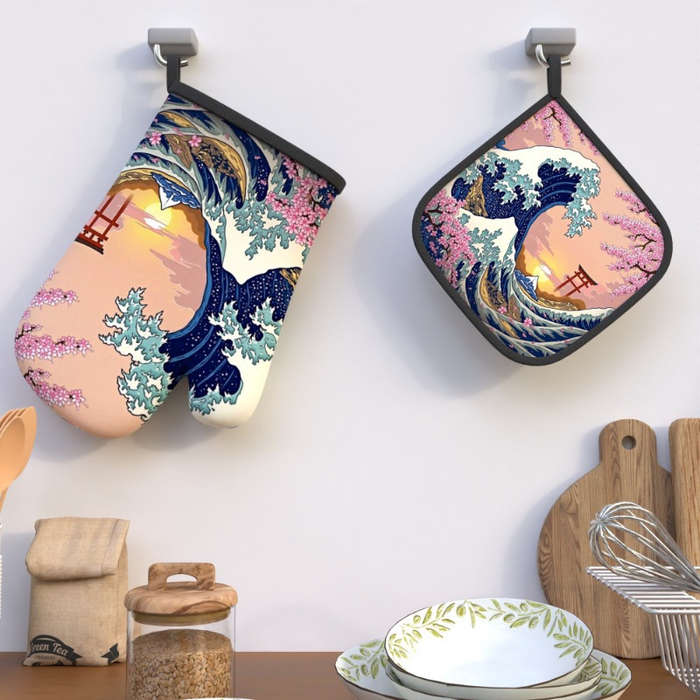 2pcs Set Cherry Blossom Oven Mitts Pot Holders 26.92x17.02cm Heat Resistant Non-Slip Kitch