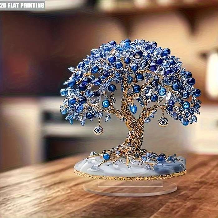 1pc 2D Flat  Elegant  Turkish Evil Eye Tree Acrylic Desktop Decor Blue Clear Beads with Golde