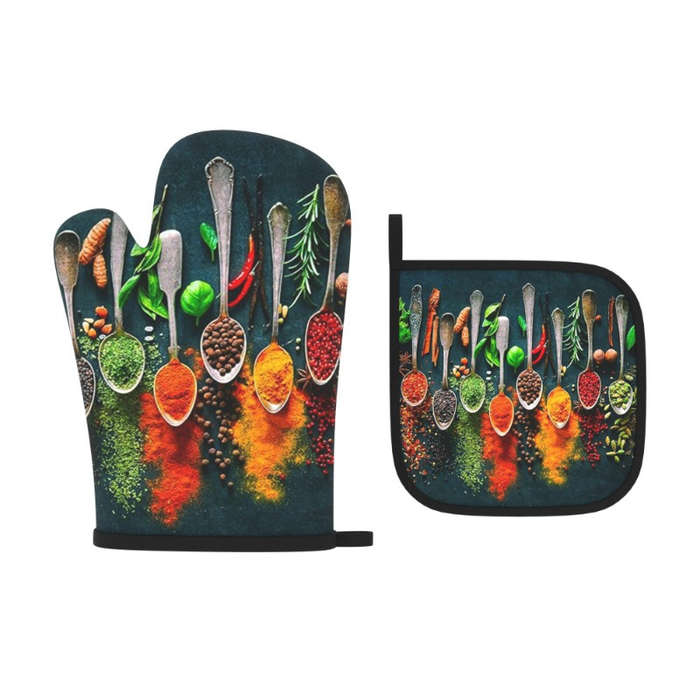 2pcs HeatGuard Kitchen Oven Mitts and Potholders Set Colorful Spices and Herbs Design 100% Po