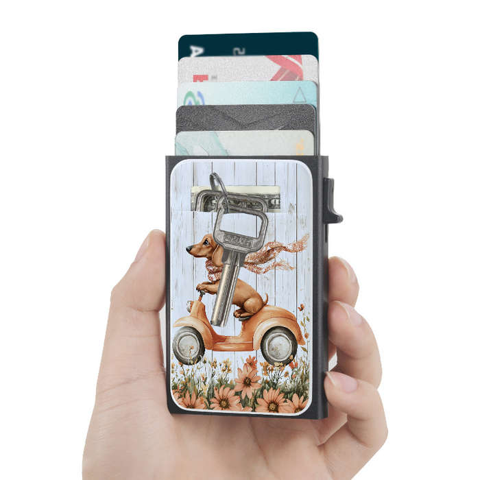 1pc Dachshund on Scooter Pattern Metal Wallet with Pop-Up Card Holder Casual Style Slim Busine