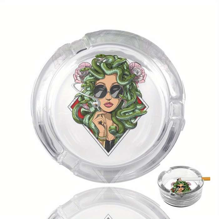 1pc Medusa Art Glass Ashtray with Anti-Slip Base Emerald Serpent Blossom Motif Crystal Clear R