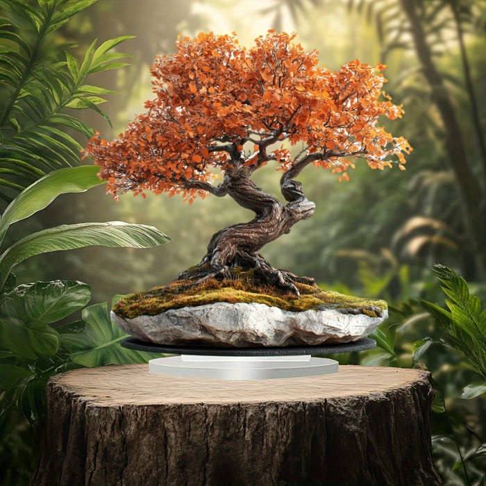 1pc 2D Flat   Acrylic Bonsai Tree with Golden Leaves Sturdy Stone Base Bohemian-Style De