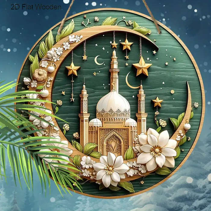 1pc Elegant Ramadan Blessing Wooden Wall Hanging White Blooming Flowers Golden Crescent Moon Design