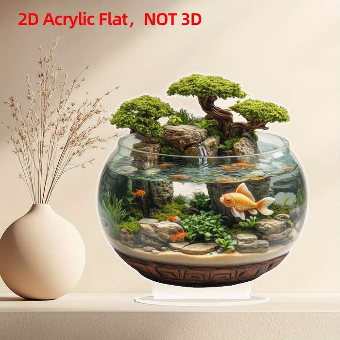 1pc 2D Flat  Acrylic Trim 8-Inch Glass Container with Golden Fish and Artificial Mountain Landscape