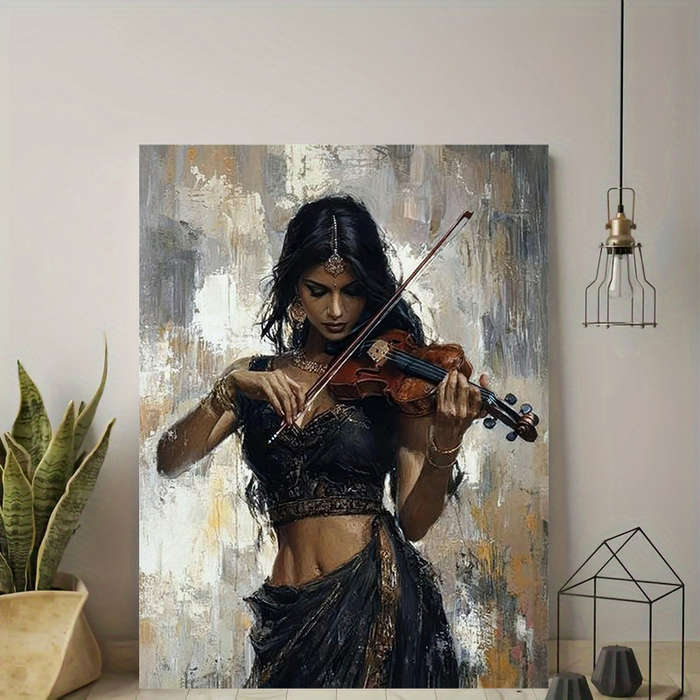 1pc  Graceful Violinist Printed Canvas Wall Art Portrait of a Woman in Black Traditional Attir