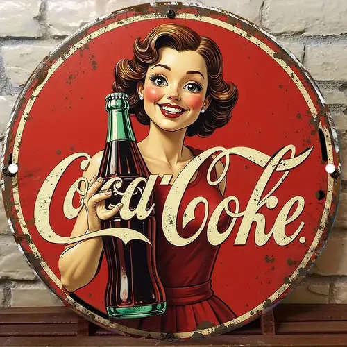 1pc 2d flat Retro Beverage Advertising Theme Aluminum Wall Sign 20.32x20.32 cm Round Metal Decorativ
