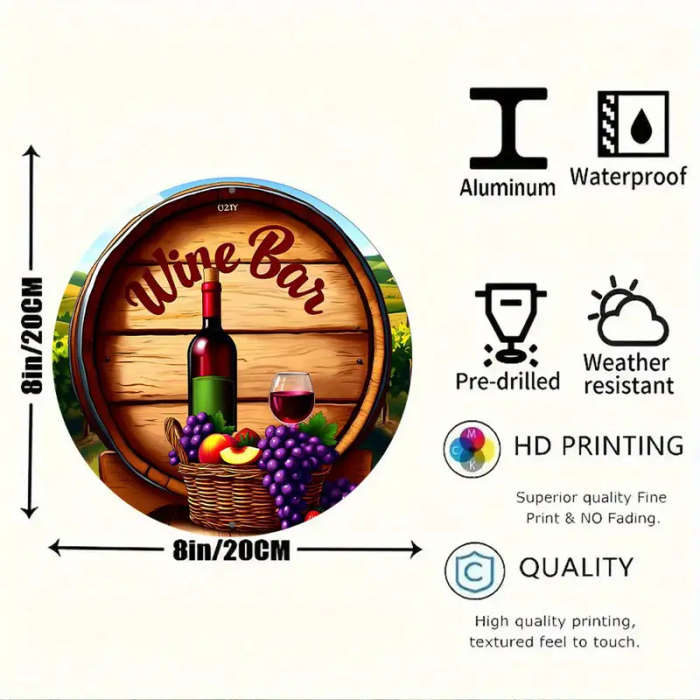 1pc Bottle of Wine And a Basket of Fruit in Front of a Wreath Sign 8-Inch Round Aluminum Sign Perfec