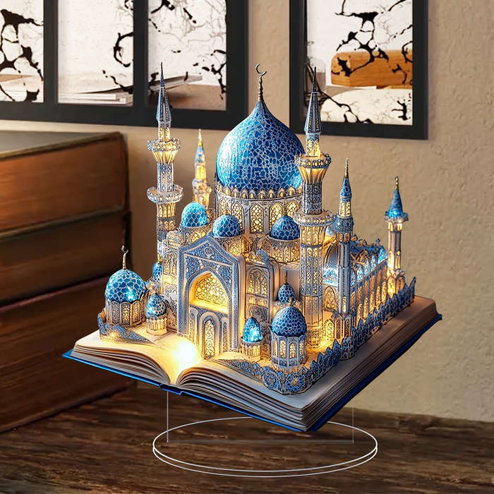 1pc 2D Flat   Acrylic Flat Mosque Model Elegant Blue Golden Mosque Design for Home Party D