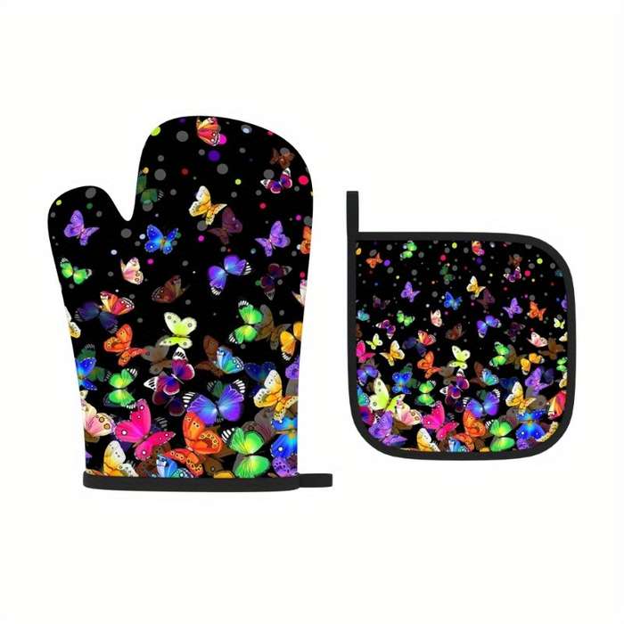 2pcs 26.92x17.02 cm Oven Mitts And Pot Holders Colorful Butterflies Colorful Dots Heat Resistan