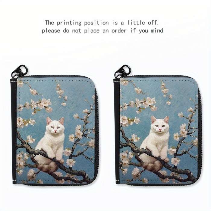 1pc Street Style Faux Leather Wallet with Geometric Cat on Tree Print Lightweight Unlined Zip
