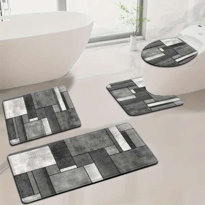 4-Piece Stylish Simple Grey Geometric Pattern Bathroom Mat Set