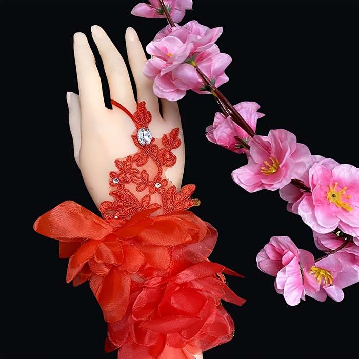 1 Pair White Floral Lace Wedding Gloves