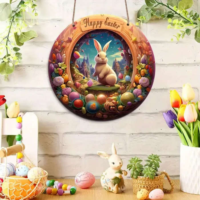 1pc Happy Easter Floral Round Wooden Sign Perfect for Outdoor Home Office Bar Kitchen Decor Gift for