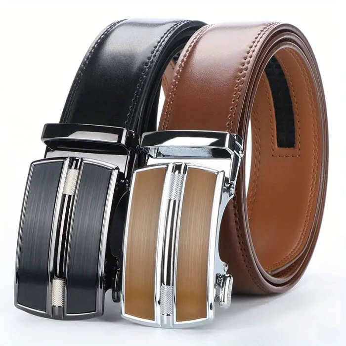 Men's Genuine Leather Ratchet Belt with Adjustable Automatic Buckle Black 120cm