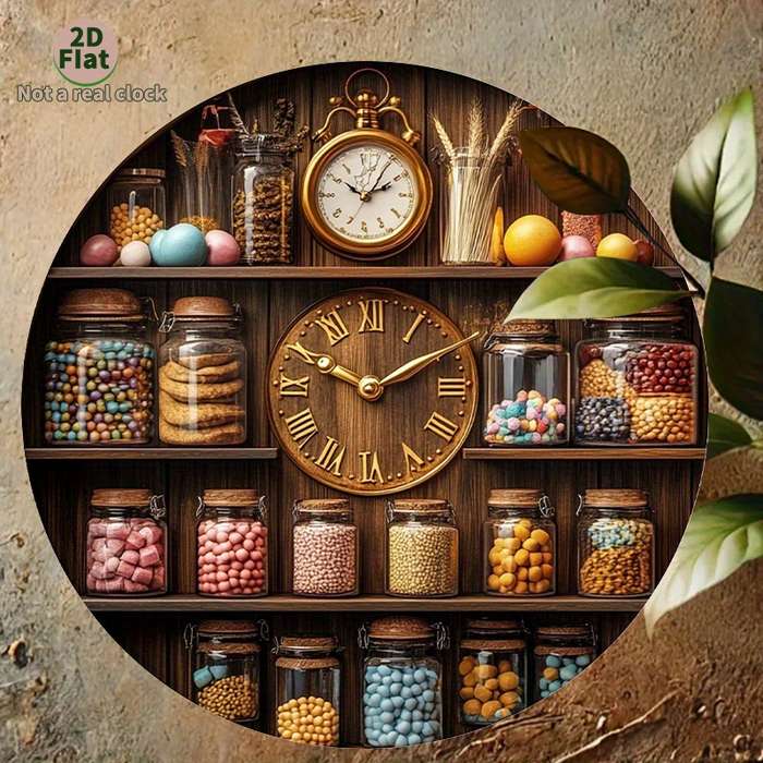 1pc 2D Flat Vintage Kitchen Wall Clock with Wooden Shelf Glass Jar Display 2D Flat Not real clock