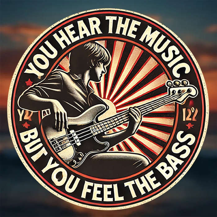 1pc Retro 8-Inch Round Metal Sign with Electric Bass Guitar Design 'You Hear the Music But You F