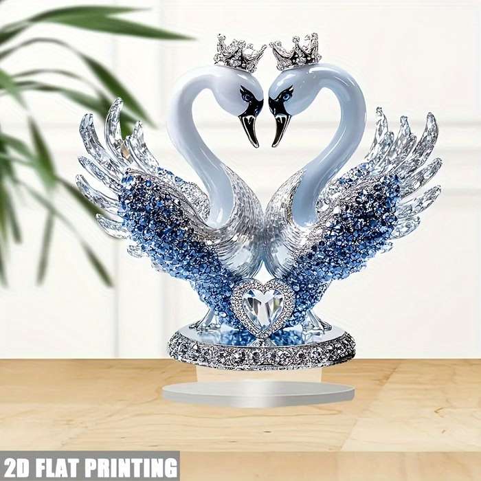 1pc 2D Flat   Ornate Style Acrylic Swan Statue with Heart Shaped Crown Romantic Desktop Decorat