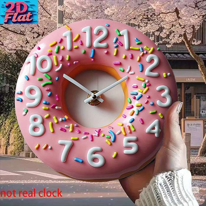 1pc 2D Flat Aluminum Wall Clock Pink Donut Shape with Colorful Sprinkles Frosting Not real clock