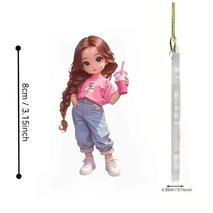 1pc 2D Flat  Acrylic Pendant Long Braided Pink Girl with Drink Ideal for Car Rearview Mirror Wal