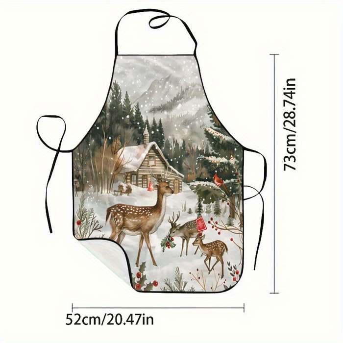 1pc Winter Scene with Deer And Cabin Printed Sleeveless Polyester Apron for Home Kitchen Bak