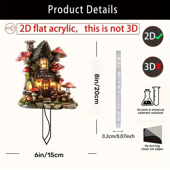 1pc 2D Flat    Acrylic Mushroom House Garden Insert Card Vibrant Red White Mushroom D