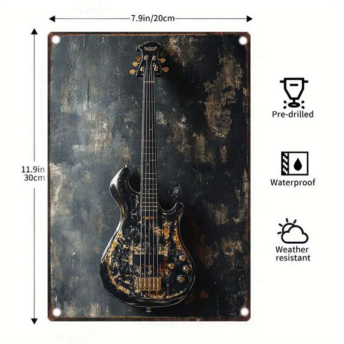 1pc  Vintage Electric Guitar Metal Sign 20.32x30.48 cm Retro Wall Art Rustic Black and Golden