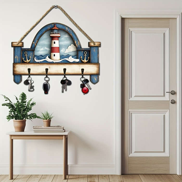 Vintage Nautical Lighthouse Wooden Key Holder2D Flat Design with Four Metal Hooks Colorful Wall