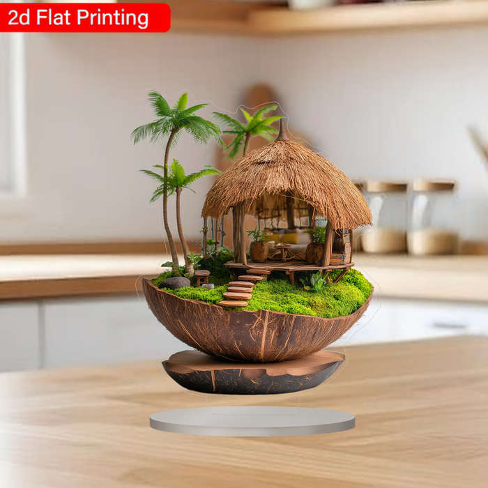 1pc 2D Flat  Boho Tropical Coconut Hut Acrylic Artwork with Wooden Base Handmade