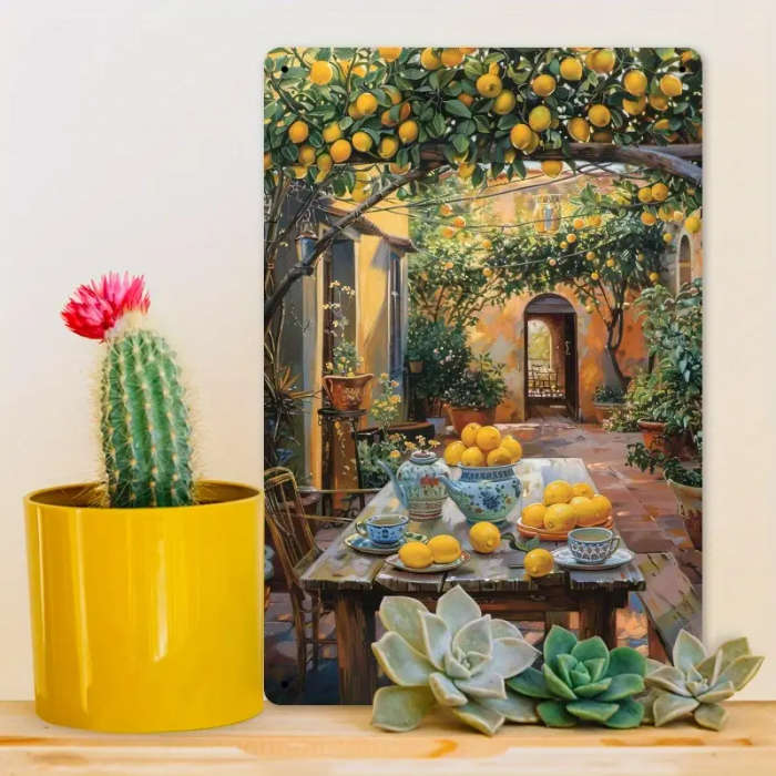 1pc Vintage Iron Sign Under the Lemon Tree 20.32x30.48cm Rustic Wall Art with Mediterranean-Style Sc