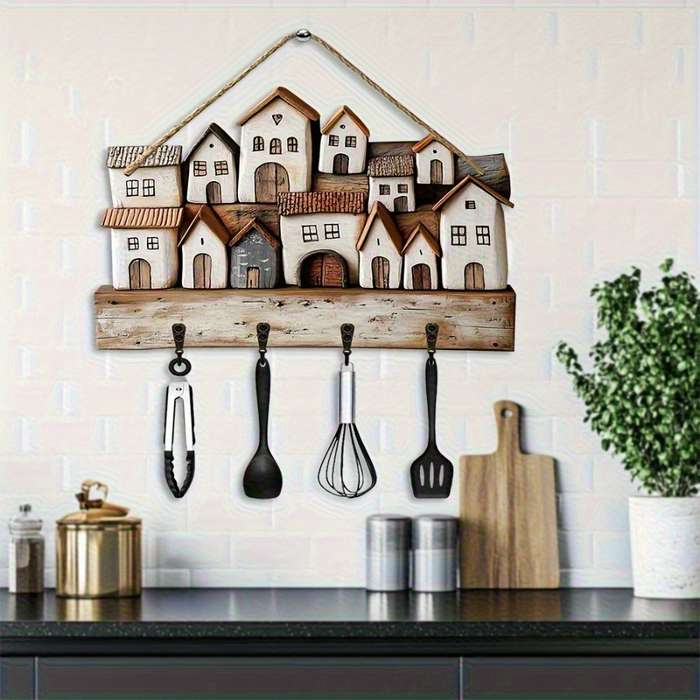 1pc Warm Small Village Wooden Key Rack Wall Decoration-29.97 cmX 22.86cm Rustic Bohemian Style with