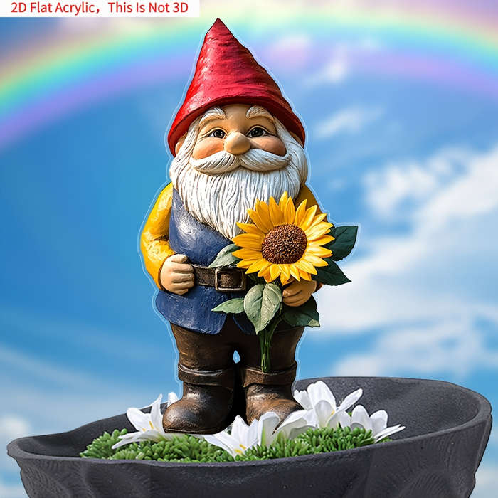 1pc 2D Flat   Charming Sunflower Garden Gnome  Acrylic Yard Stake Bonsai Decor Whimsical