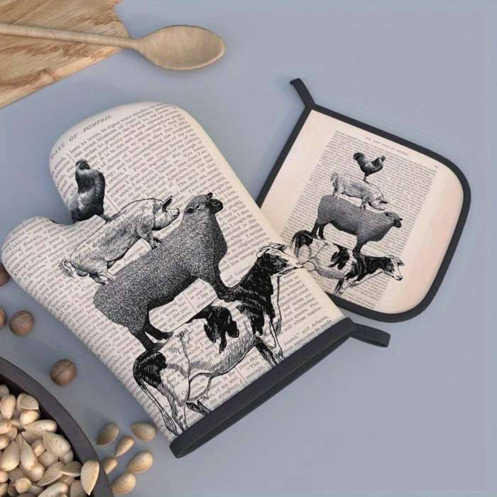 2pcs Vintage Farmhouse Kitchen Set 26.92x17.02 cm Oven Mitts Pot Holders with Chicken Pig