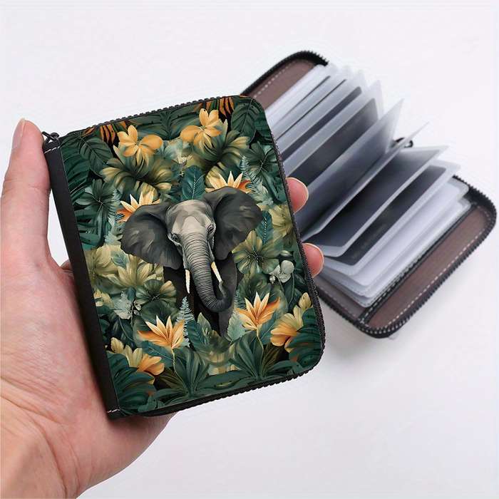 1pc Jungle Elephant Print Clutch Bag Casual Zipper Card Holder with 24 Card Slots Multi-card