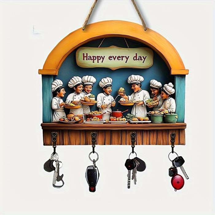 Colorful Wooden Key Holder with Four Metal Hooks"Happy Every Day" Chef Design 30.0cm x 24.99cm