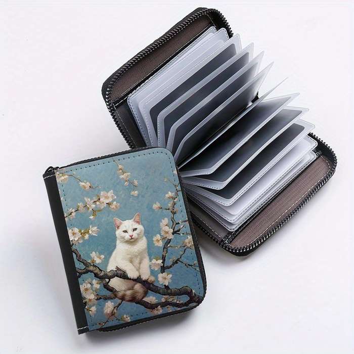 1pc Street Style Faux Leather Wallet with Geometric Cat on Tree Print Lightweight Unlined Zip