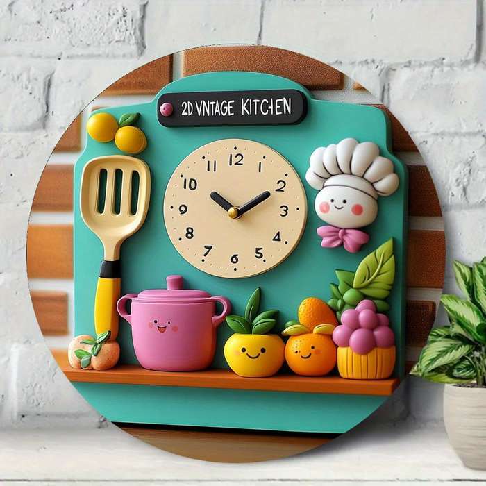 1pc 2D Retro Kitchen Wall Clock Vintage-Inspired Aluminum Decor with Playful Kitchen Not real clock