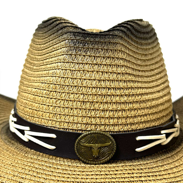 1pc Western Cowboy Hat with Stylish Bull Skull Design Faux Leather Band Polyester Woven Stra