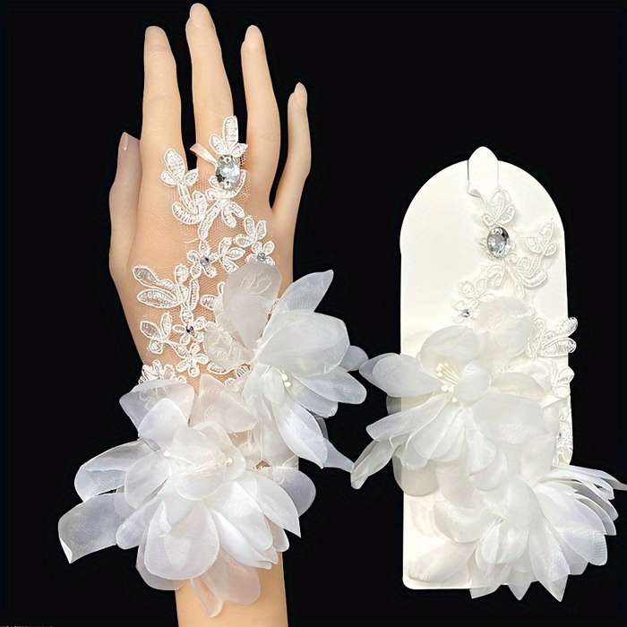 1 Pair White Floral Lace Wedding Gloves