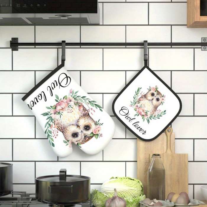2pcs Set Owl Lover Themed Polyester Oven Mitts and Pot Holders 26.92x17.02 cm Heat Resistant